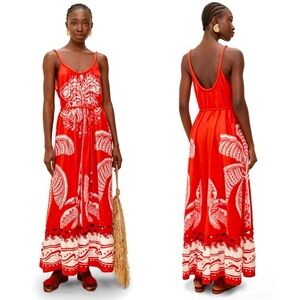 Farm Rio Majestic Coconut Tree Linen Blend Maxi Dress Red Small Medium NWT